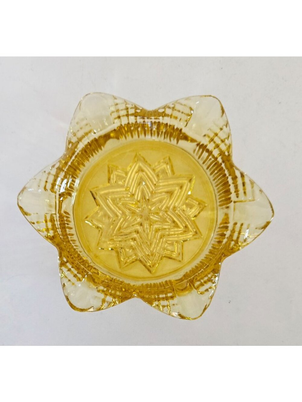 Vintage Hazel Atlas Yellow Glass Dish With Star Shape Design 4.5" Decorative Acc